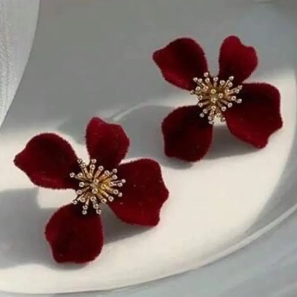 Burgundy Velvet Flower Stud Earrings